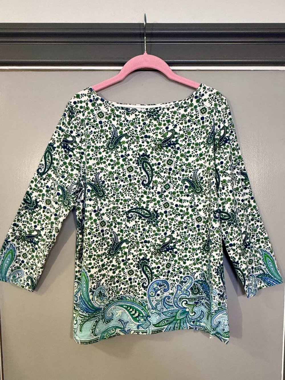 Talbots Tee Paisley Floral Border Print Boat Neck Top Green Blue Size L